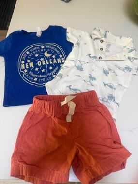 Carter's Blue Graphic Tee, White Polo Bodysuit & Orange Shorts Set